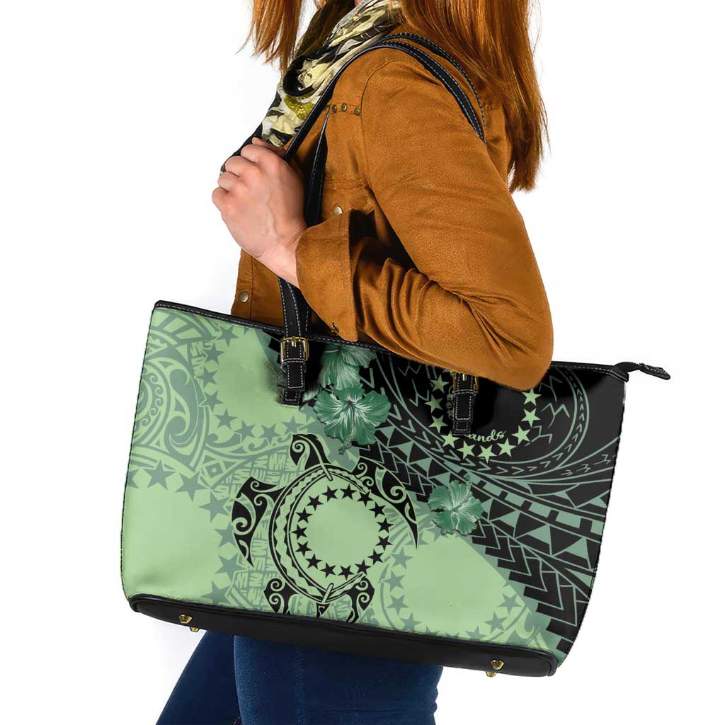 Cook Islands Turtle Leather Tote Bag Stars and Hibiscus - Green LT01 Green - Polynesian Pride