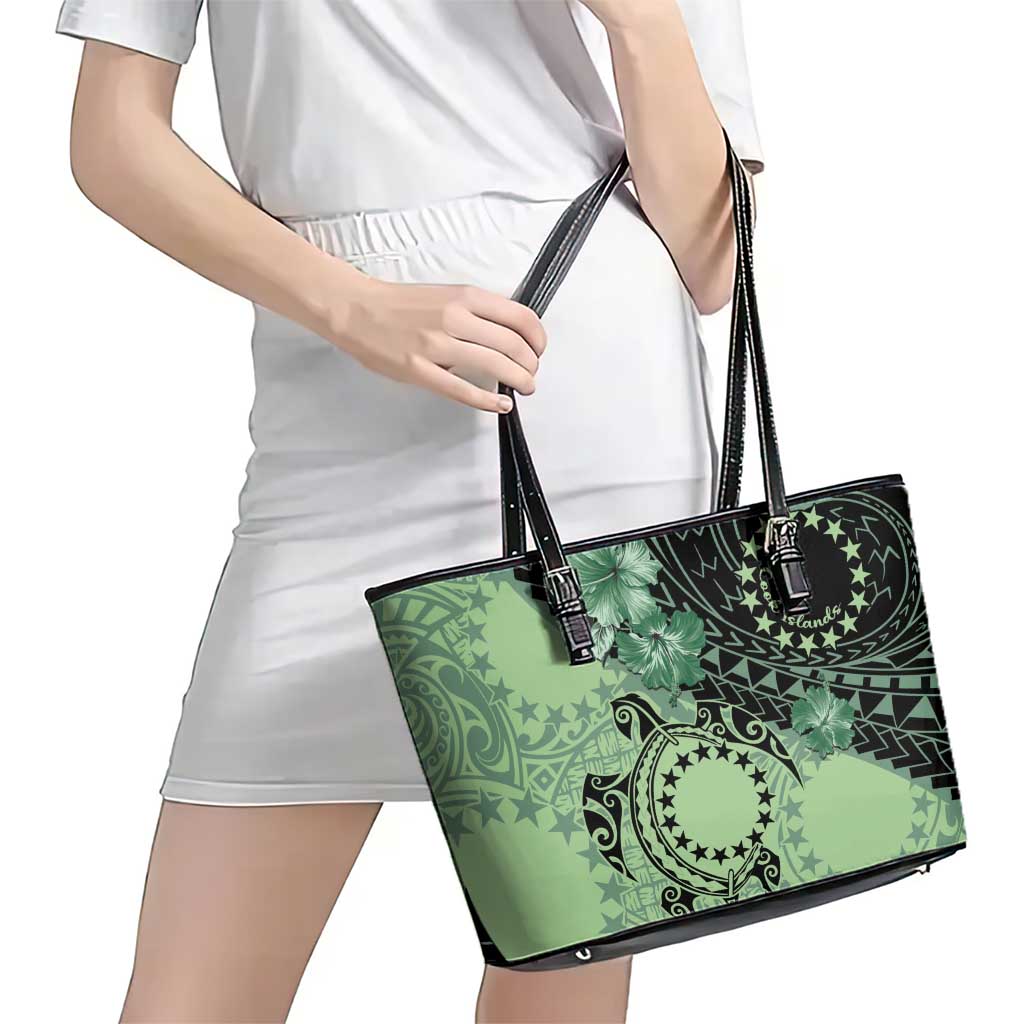 Cook Islands Turtle Leather Tote Bag Stars and Hibiscus - Green LT01 - Polynesian Pride