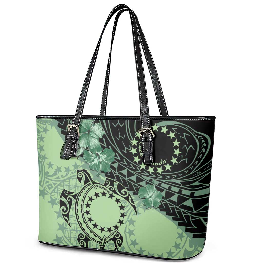 Cook Islands Turtle Leather Tote Bag Stars and Hibiscus - Green LT01 - Polynesian Pride