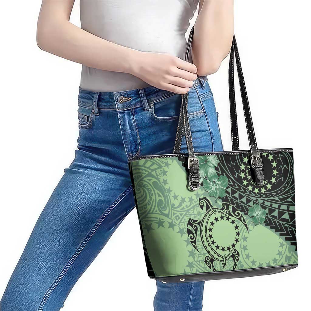 Cook Islands Turtle Leather Tote Bag Stars and Hibiscus - Green LT01 - Polynesian Pride