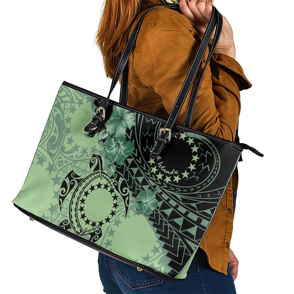 Cook Islands Turtle Leather Tote Bag Stars and Hibiscus - Green LT01 - Polynesian Pride