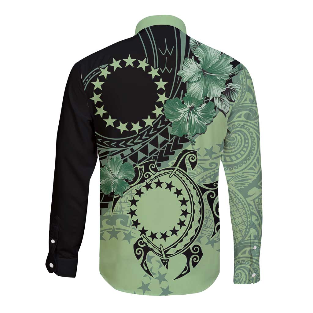 Cook Islands Turtle Long Sleeve Button Shirt Stars and Hibiscus - Green