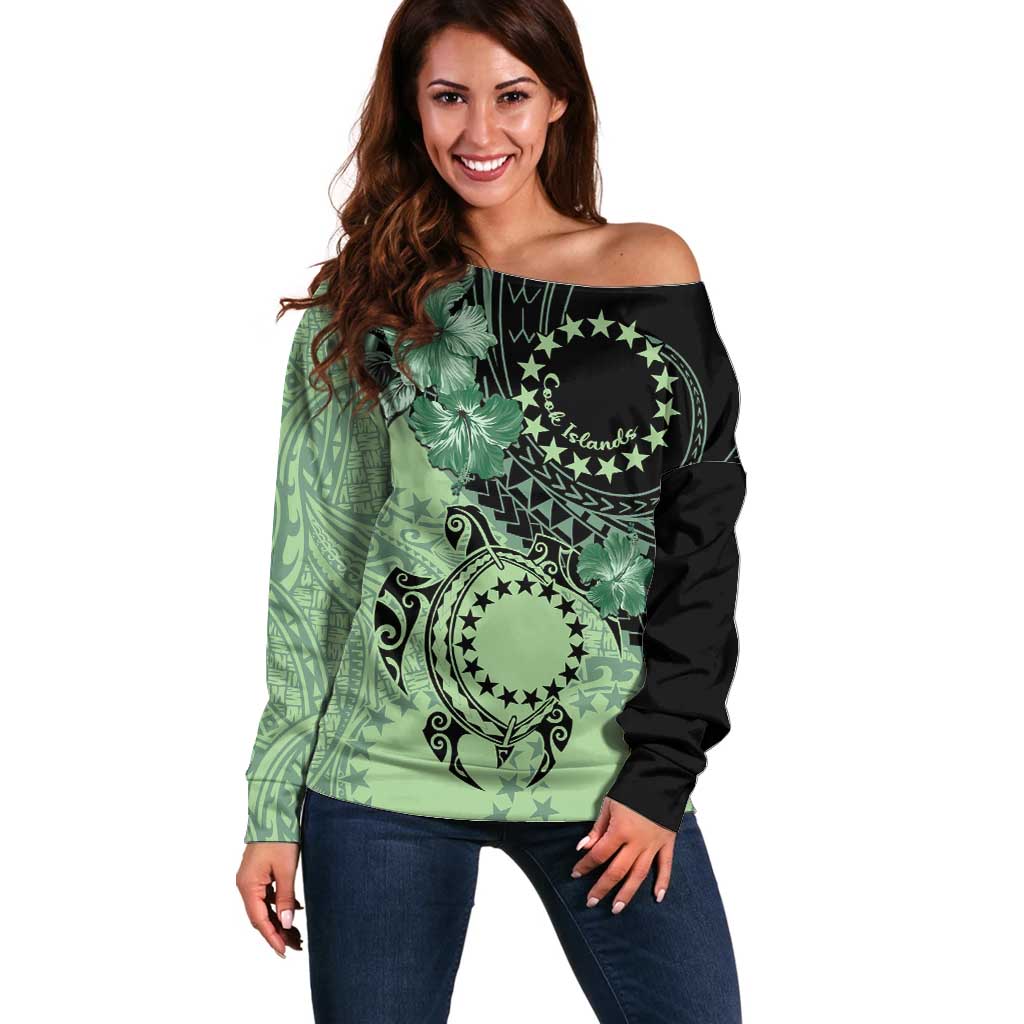 Cook Islands Turtle Off Shoulder Sweater Stars and Hibiscus - Green