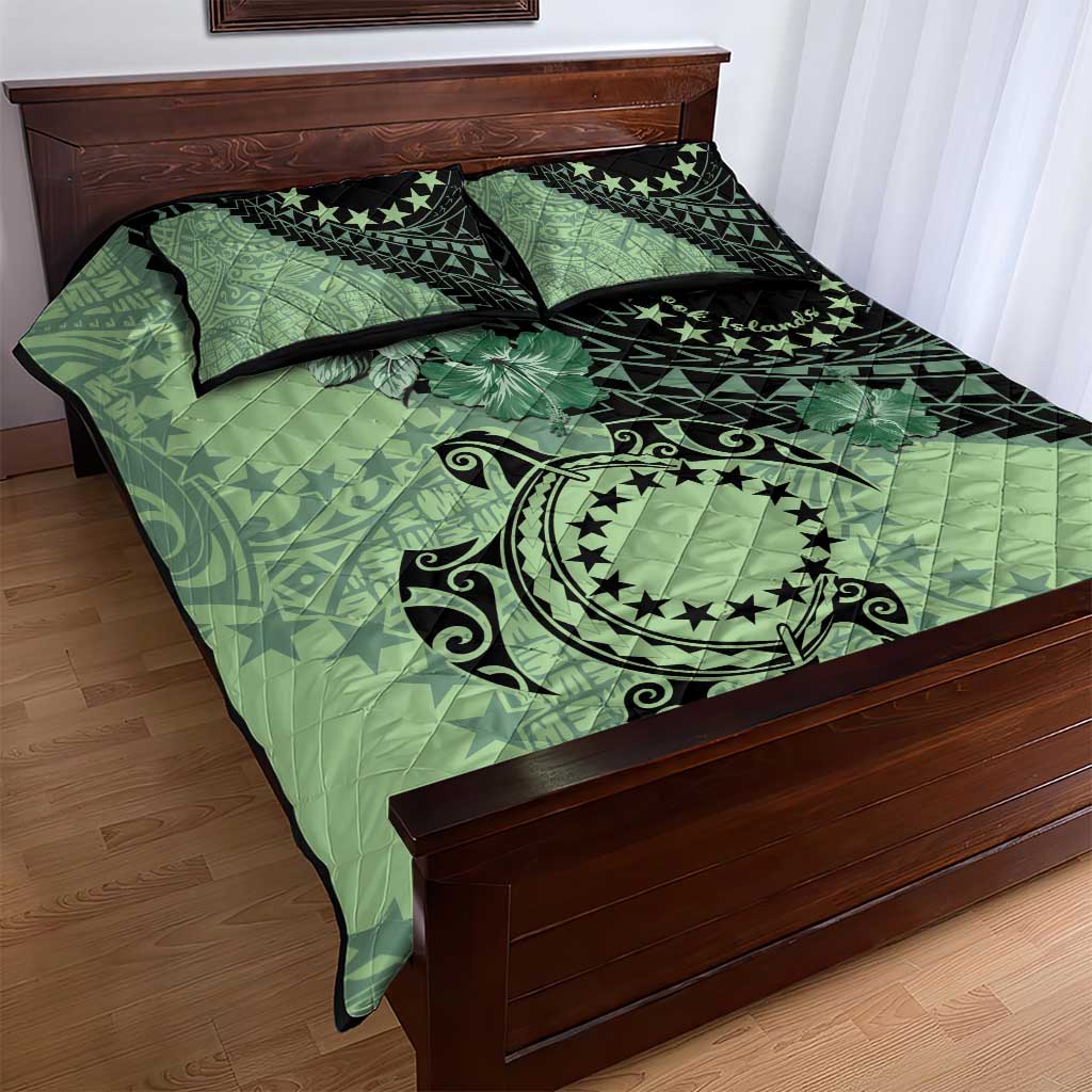 Cook Islands Turtle Quilt Bed Set Stars and Hibiscus - Green LT01 - Polynesian Pride