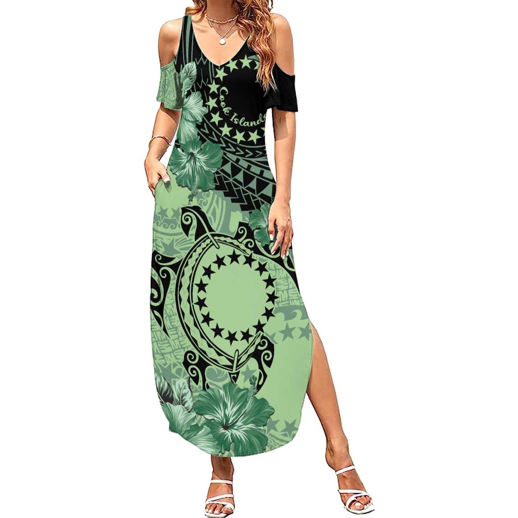 Cook Islands Turtle Summer Maxi Dress Stars and Hibiscus - Green LT01 Women Green - Polynesian Pride