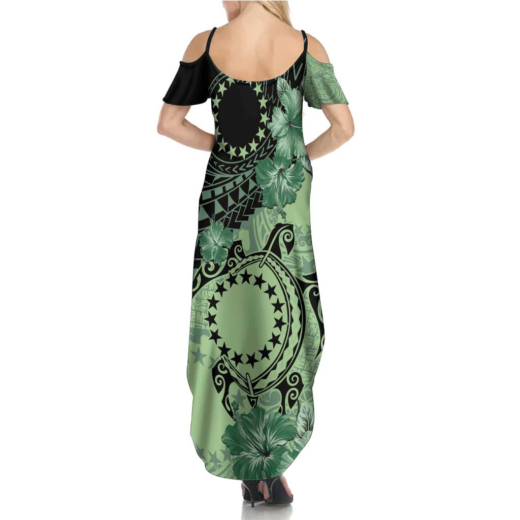 Cook Islands Turtle Summer Maxi Dress Stars and Hibiscus - Green LT01 - Polynesian Pride