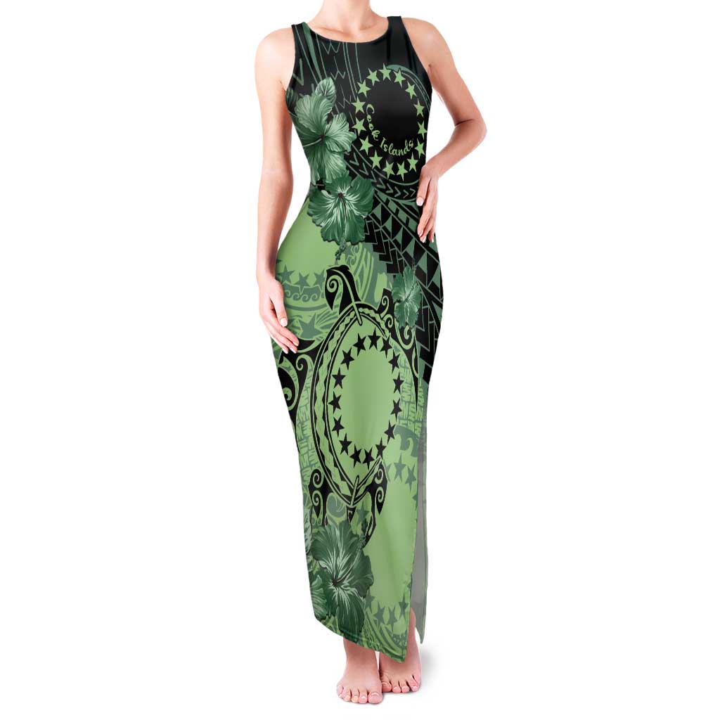 Cook Islands Turtle Tank Maxi Dress Stars and Hibiscus - Green LT01 Women Green - Polynesian Pride