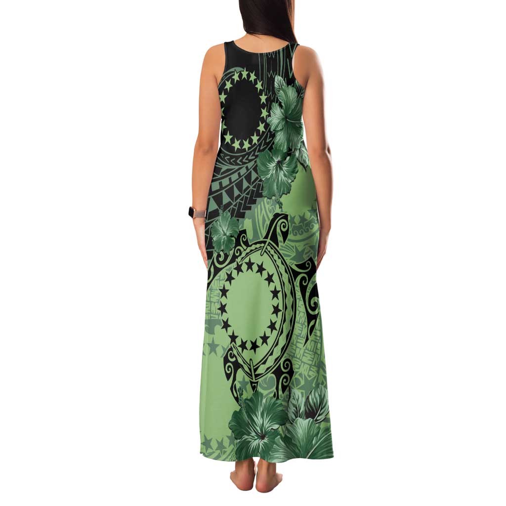 Cook Islands Turtle Tank Maxi Dress Stars and Hibiscus - Green LT01 - Polynesian Pride