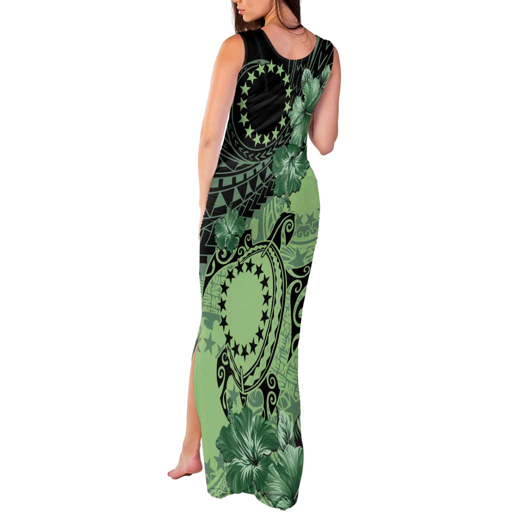 Cook Islands Turtle Tank Maxi Dress Stars and Hibiscus - Green LT01 - Polynesian Pride
