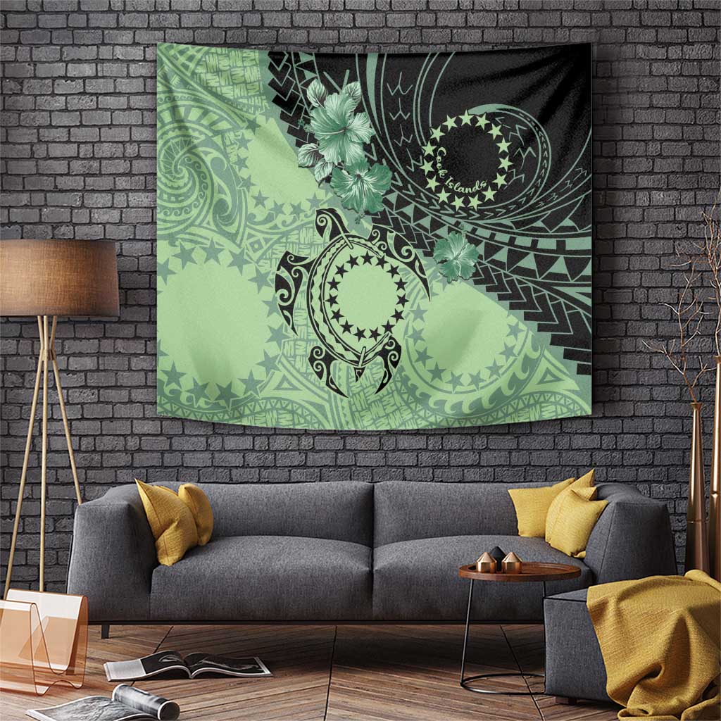 Cook Islands Turtle Tapestry Stars and Hibiscus - Green