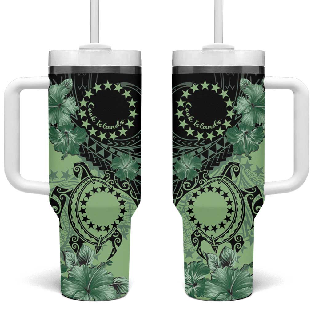 Cook Islands Turtle Tumbler With Handle Stars and Hibiscus - Green LT01 One Size: 40 oz Green - Polynesian Pride
