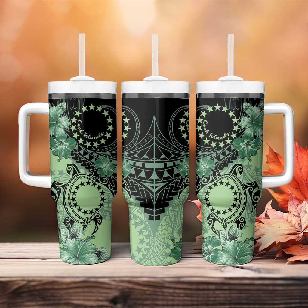 Cook Islands Turtle Tumbler With Handle Stars and Hibiscus - Green LT01 - Polynesian Pride