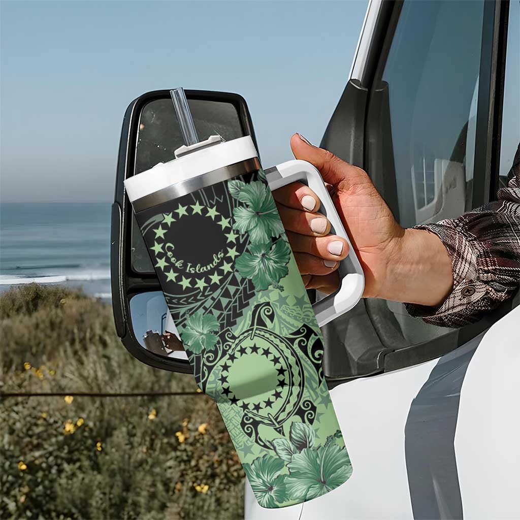 Cook Islands Turtle Tumbler With Handle Stars and Hibiscus - Green LT01 - Polynesian Pride