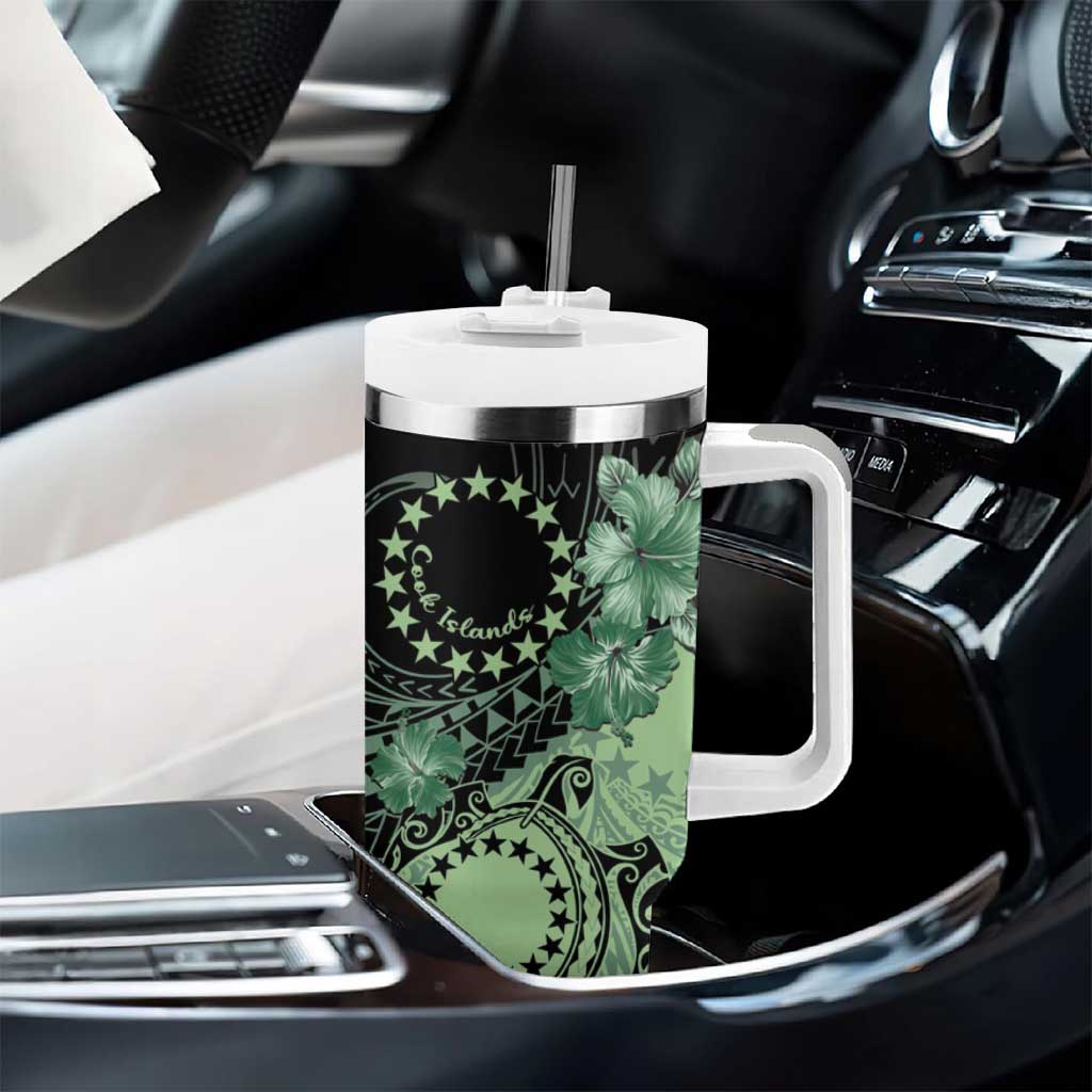 Cook Islands Turtle Tumbler With Handle Stars and Hibiscus - Green LT01 - Polynesian Pride