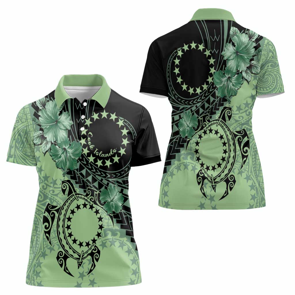 Cook Islands Turtle Women Polo Shirt Stars and Hibiscus - Green