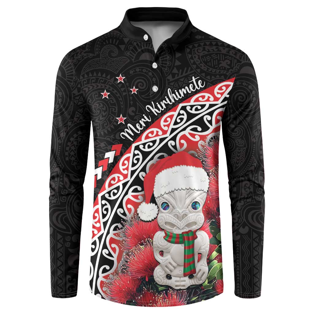 New Zealand Christmas Meri Kirihimete Button Sweatshirt Santa Hei Tiki Pohutukawa LT01 Black - Polynesian Pride