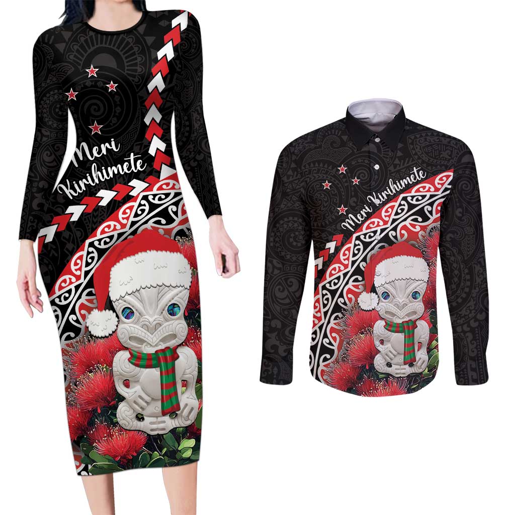 New Zealand Christmas Meri Kirihimete Couples Matching Long Sleeve Bodycon Dress and Long Sleeve Button Shirt Santa Hei Tiki Pohutukawa LT01 Black - Polynesian Pride