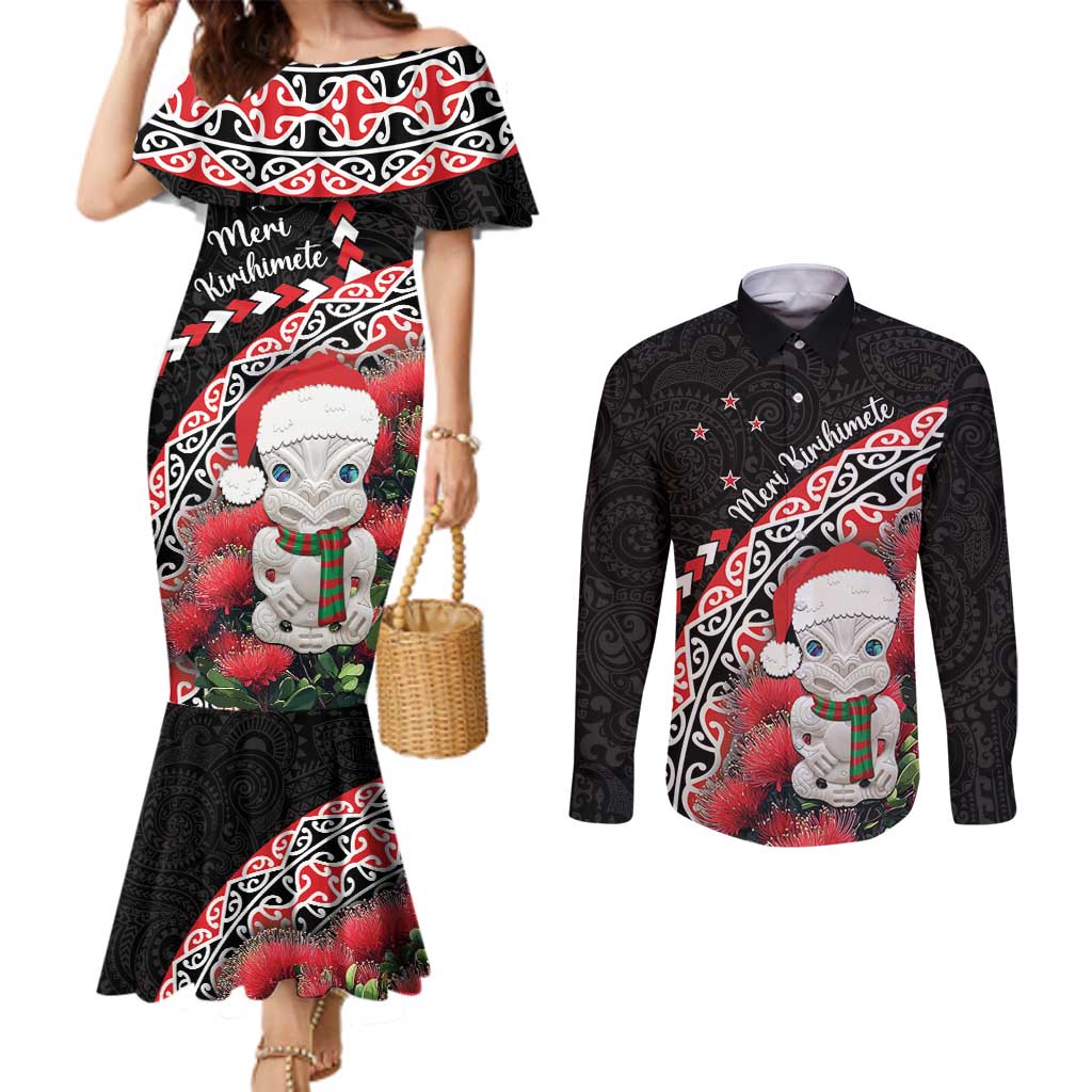 New Zealand Christmas Meri Kirihimete Couples Matching Mermaid Dress and Long Sleeve Button Shirt Santa Hei Tiki Pohutukawa