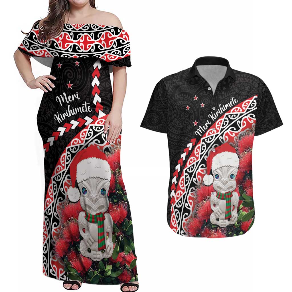 New Zealand Christmas Meri Kirihimete Couples Matching Off Shoulder Maxi Dress and Hawaiian Shirt Santa Hei Tiki Pohutukawa