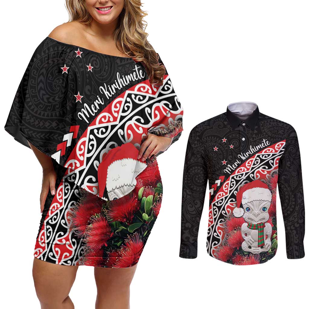 New Zealand Christmas Meri Kirihimete Couples Matching Off Shoulder Short Dress and Long Sleeve Button Shirt Santa Hei Tiki Pohutukawa LT01 Black - Polynesian Pride