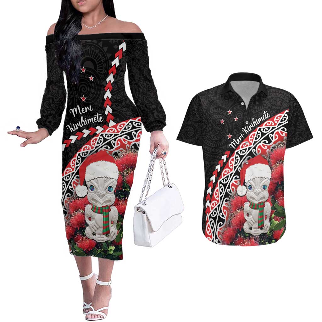 New Zealand Christmas Meri Kirihimete Couples Matching Off The Shoulder Long Sleeve Dress and Hawaiian Shirt Santa Hei Tiki Pohutukawa LT01 Black - Polynesian Pride
