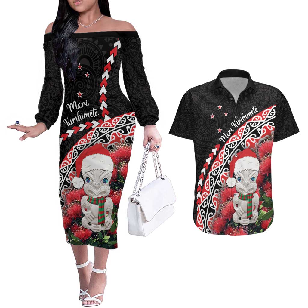 New Zealand Christmas Meri Kirihimete Couples Matching Off The Shoulder Long Sleeve Dress and Hawaiian Shirt Santa Hei Tiki Pohutukawa