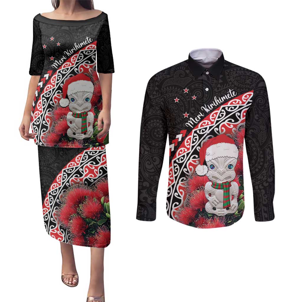 New Zealand Christmas Meri Kirihimete Couples Matching Puletasi and Long Sleeve Button Shirt Santa Hei Tiki Pohutukawa