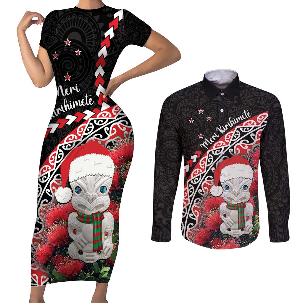 New Zealand Christmas Meri Kirihimete Couples Matching Short Sleeve Bodycon Dress and Long Sleeve Button Shirt Santa Hei Tiki Pohutukawa LT01 Black - Polynesian Pride