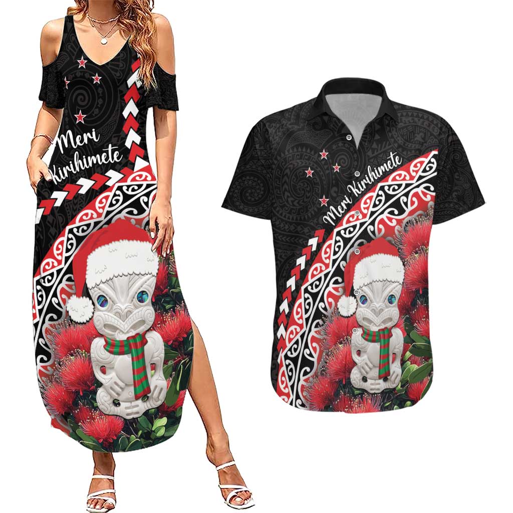 New Zealand Christmas Meri Kirihimete Couples Matching Summer Maxi Dress and Hawaiian Shirt Santa Hei Tiki Pohutukawa LT01 Black - Polynesian Pride