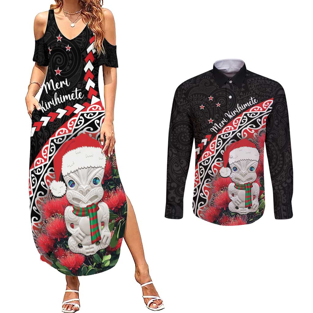 New Zealand Christmas Meri Kirihimete Couples Matching Summer Maxi Dress and Long Sleeve Button Shirt Santa Hei Tiki Pohutukawa