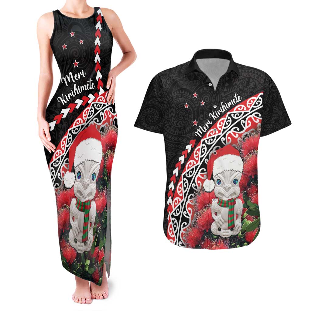 New Zealand Christmas Meri Kirihimete Couples Matching Tank Maxi Dress and Hawaiian Shirt Santa Hei Tiki Pohutukawa