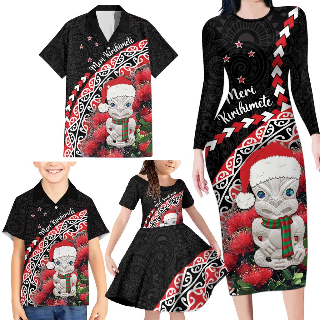 New Zealand Christmas Meri Kirihimete Family Matching Long Sleeve Bodycon Dress and Hawaiian Shirt Santa Hei Tiki Pohutukawa