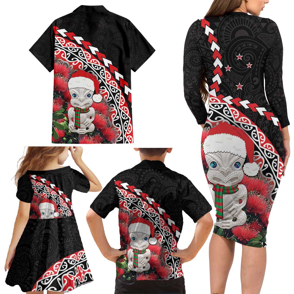 New Zealand Christmas Meri Kirihimete Family Matching Long Sleeve Bodycon Dress and Hawaiian Shirt Santa Hei Tiki Pohutukawa