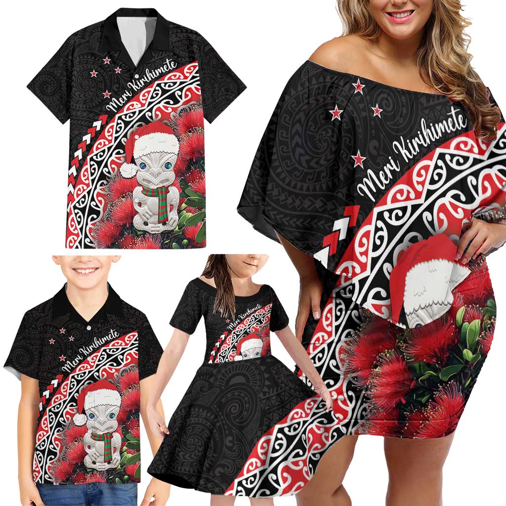 New Zealand Christmas Meri Kirihimete Family Matching Off Shoulder Short Dress and Hawaiian Shirt Santa Hei Tiki Pohutukawa