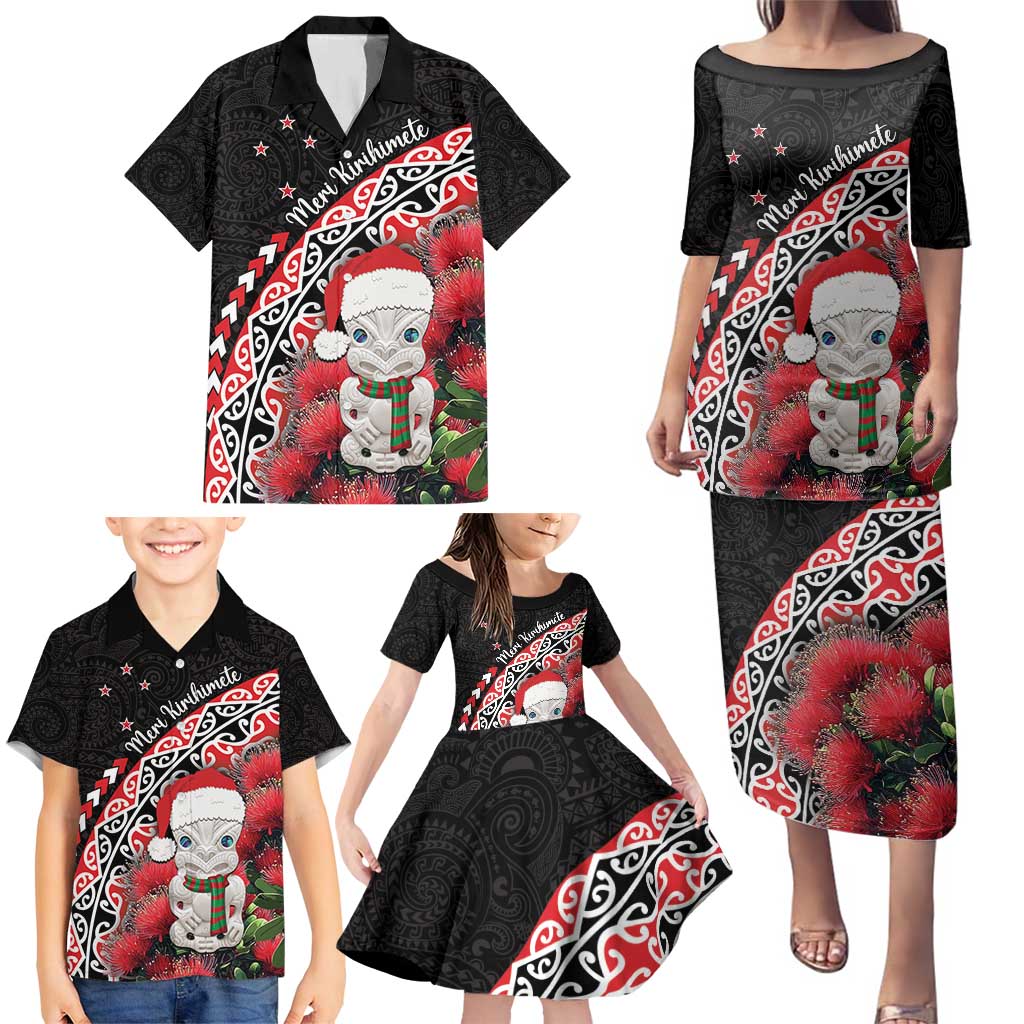 New Zealand Christmas Meri Kirihimete Family Matching Puletasi and Hawaiian Shirt Santa Hei Tiki Pohutukawa