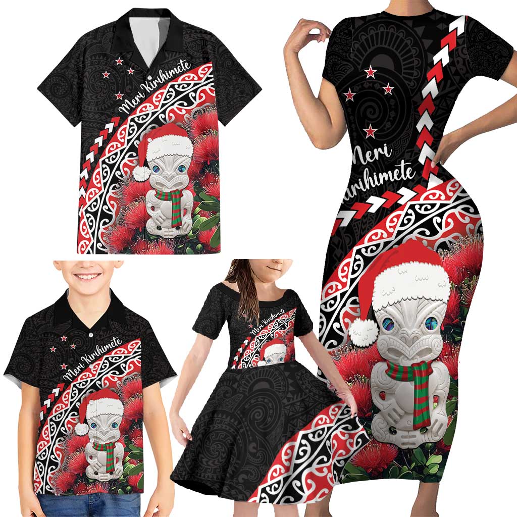 New Zealand Christmas Meri Kirihimete Family Matching Short Sleeve Bodycon Dress and Hawaiian Shirt Santa Hei Tiki Pohutukawa