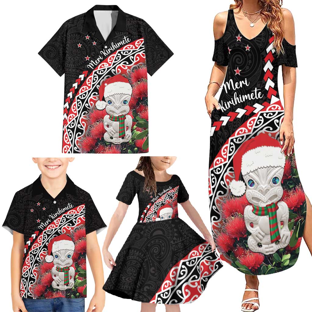 New Zealand Christmas Meri Kirihimete Family Matching Summer Maxi Dress and Hawaiian Shirt Santa Hei Tiki Pohutukawa