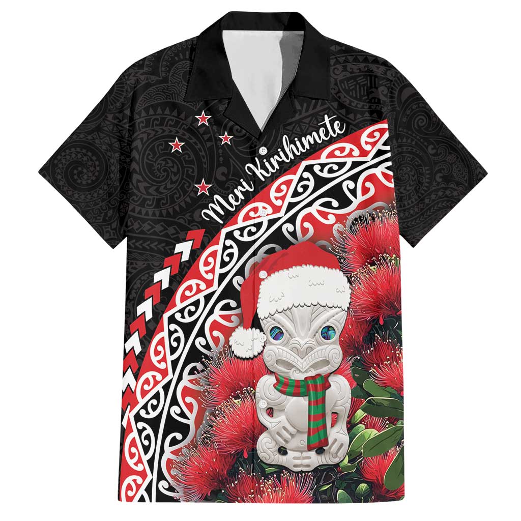 New Zealand Christmas Meri Kirihimete Hawaiian Shirt Santa Hei Tiki Pohutukawa LT01 Black - Polynesian Pride