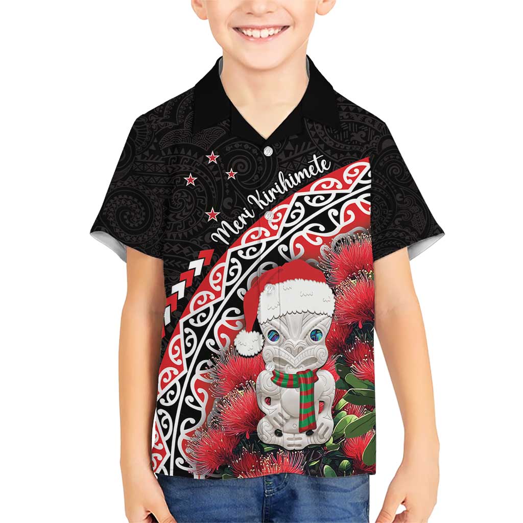 New Zealand Christmas Meri Kirihimete Kid Hawaiian Shirt Santa Hei Tiki Pohutukawa