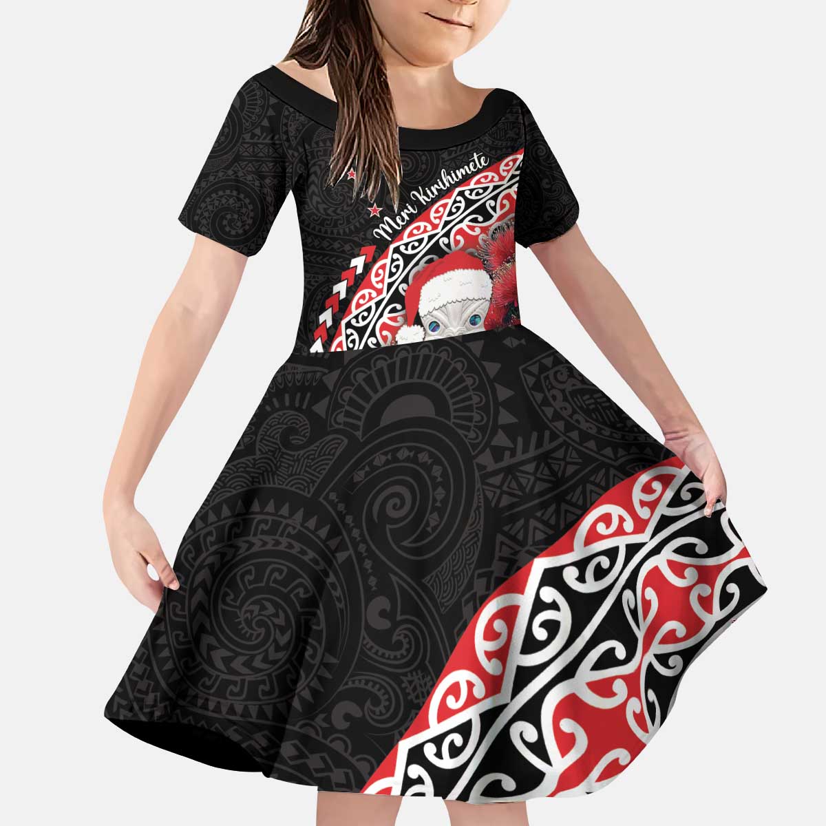 New Zealand Christmas Meri Kirihimete Kid Short Sleeve Dress Santa Hei Tiki Pohutukawa