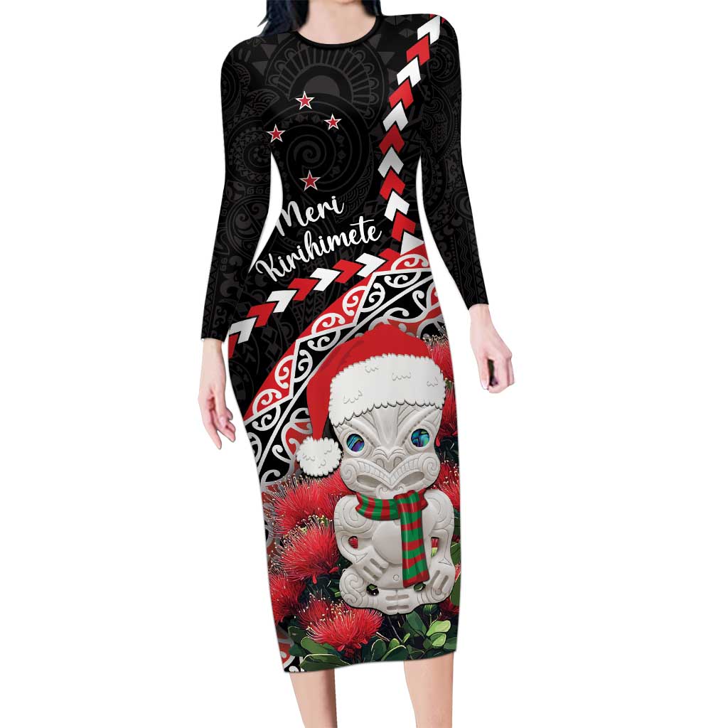 New Zealand Christmas Meri Kirihimete Long Sleeve Bodycon Dress Santa Hei Tiki Pohutukawa