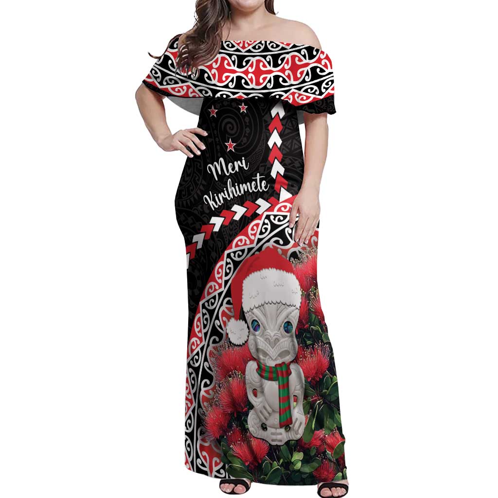 New Zealand Christmas Meri Kirihimete Off Shoulder Maxi Dress Santa Hei Tiki Pohutukawa