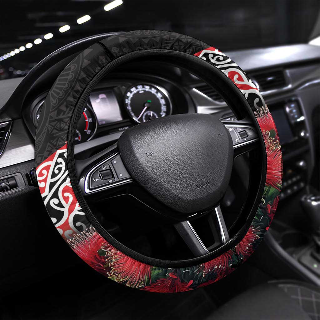 New Zealand Christmas Meri Kirihimete Steering Wheel Cover Santa Hei Tiki Pohutukawa LT01 Universal Fit Black - Polynesian Pride