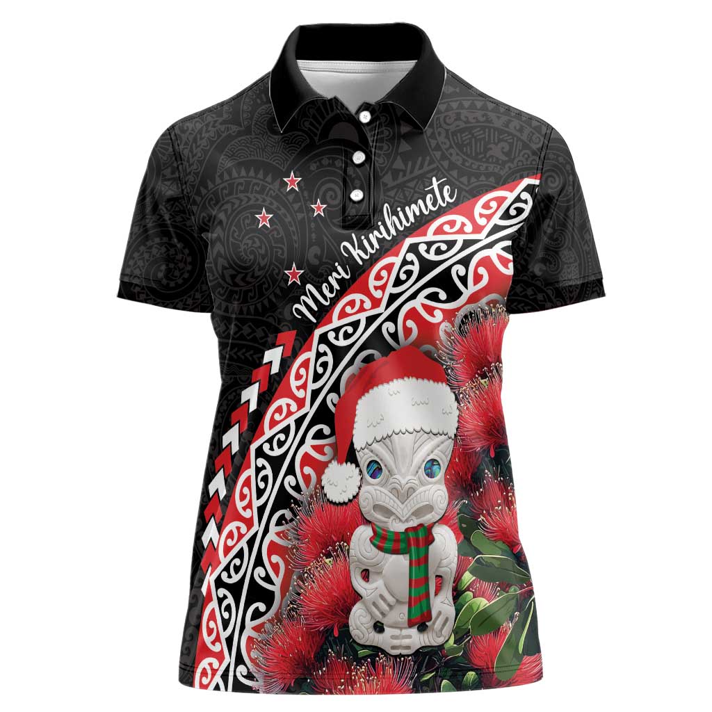 New Zealand Christmas Meri Kirihimete Women Polo Shirt Santa Hei Tiki Pohutukawa