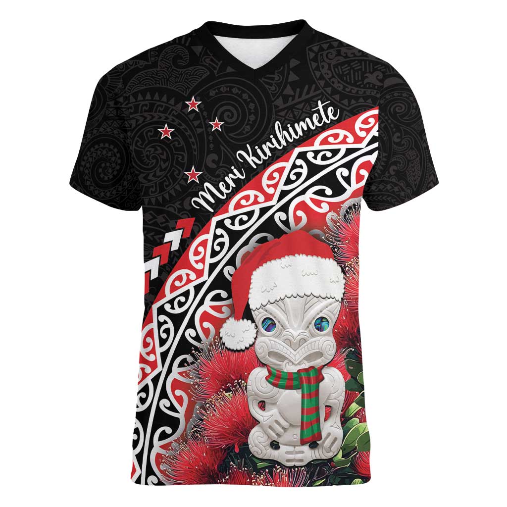 New Zealand Christmas Meri Kirihimete Women V-Neck T-Shirt Santa Hei Tiki Pohutukawa LT01 Female Black - Polynesian Pride