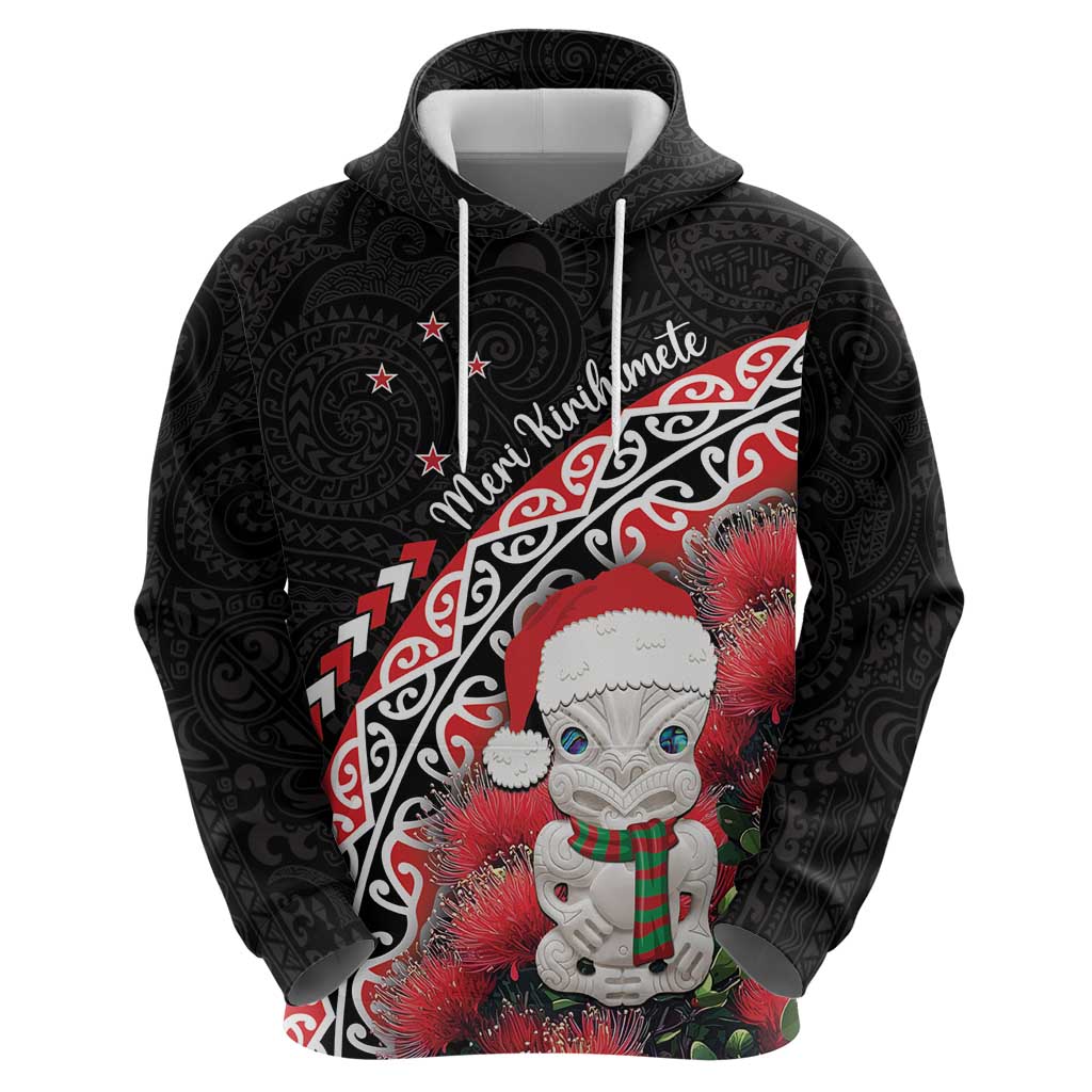 New Zealand Christmas Meri Kirihimete Zip Hoodie Santa Hei Tiki Pohutukawa