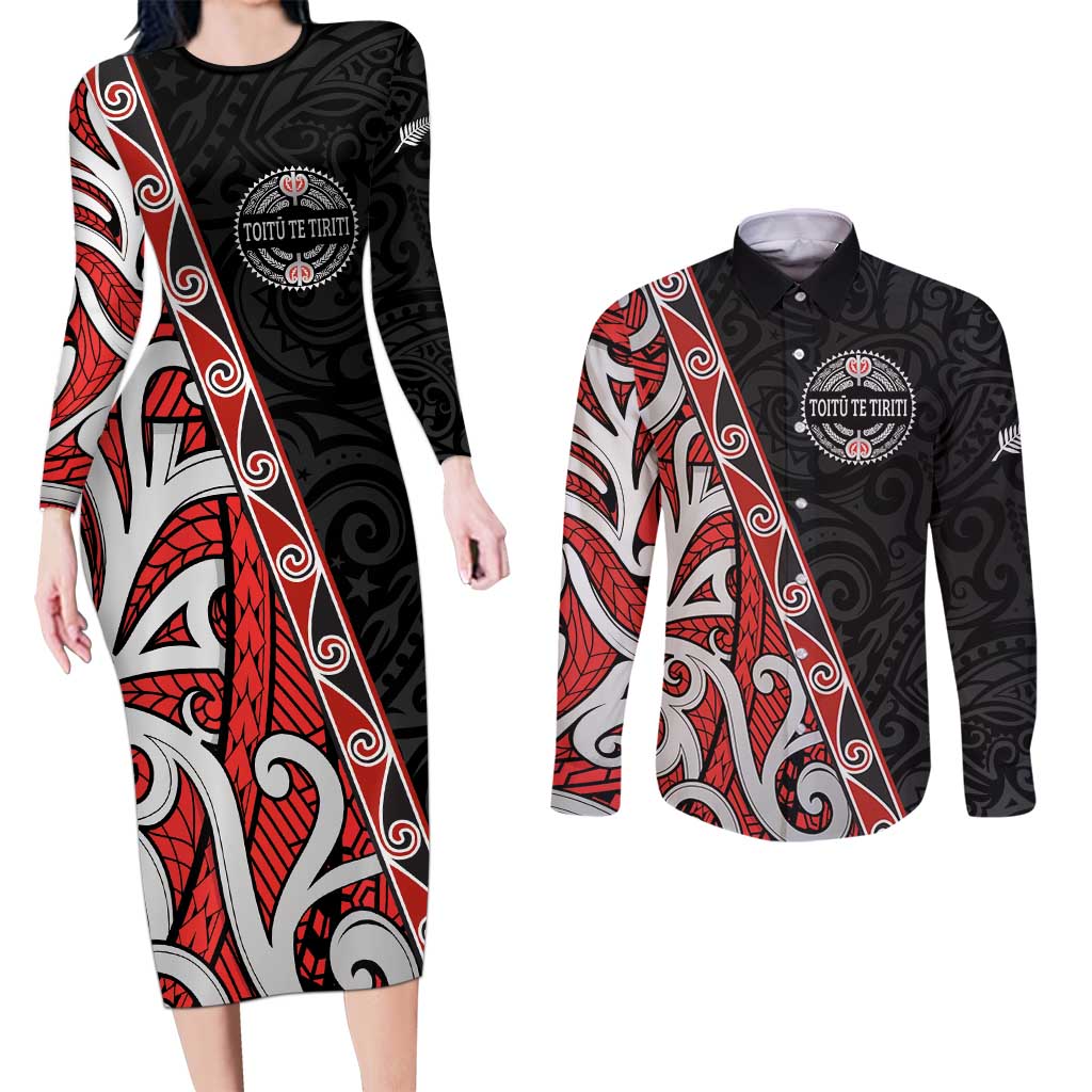 Aotearoa Toitu Te Tiriti Couples Matching Long Sleeve Bodycon Dress and Long Sleeve Button Shirt Honour The Treaty New Zealand LT01 Black - Polynesian Pride