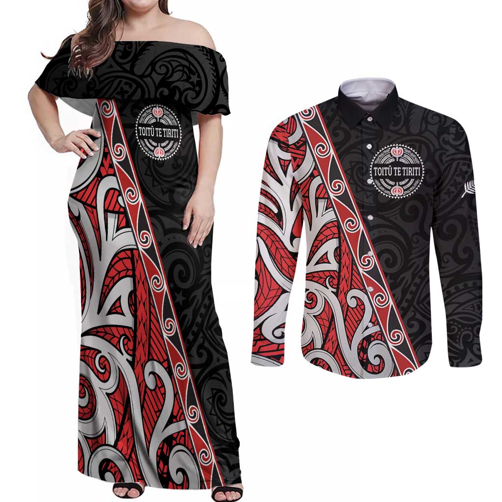 Aotearoa Toitu Te Tiriti Couples Matching Off Shoulder Maxi Dress and Long Sleeve Button Shirt Honour The Treaty New Zealand LT01 Black - Polynesian Pride