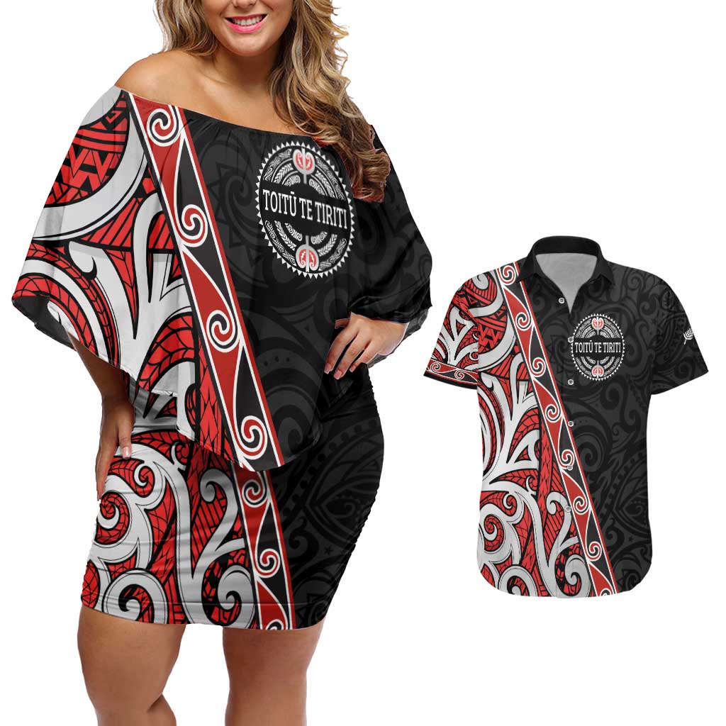 Aotearoa Toitu Te Tiriti Couples Matching Off Shoulder Short Dress and Hawaiian Shirt Honour The Treaty New Zealand LT01 Black - Polynesian Pride