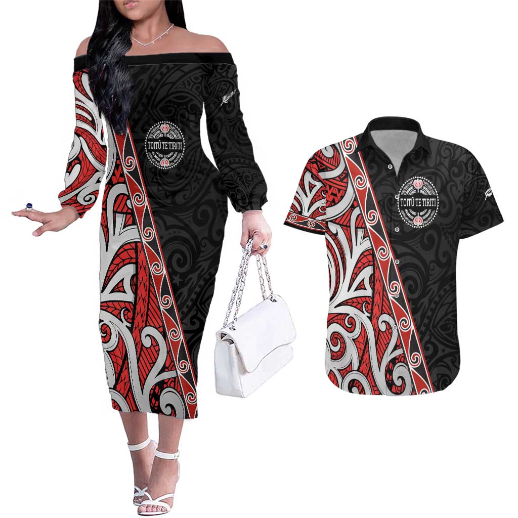 Aotearoa Toitu Te Tiriti Couples Matching Off The Shoulder Long Sleeve Dress and Hawaiian Shirt Honour The Treaty New Zealand LT01 Black - Polynesian Pride